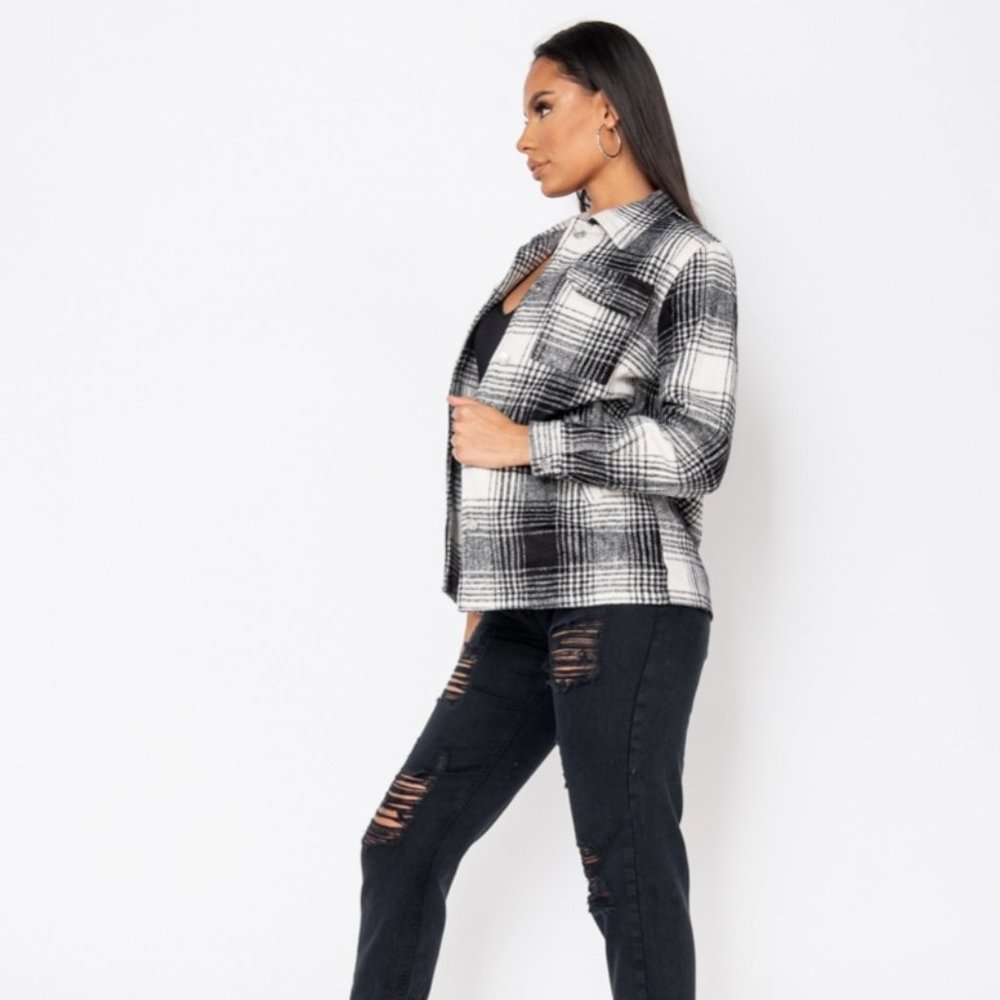 Kamryn Black & White Plaid Button Front Shacket - Picture 6 of 12